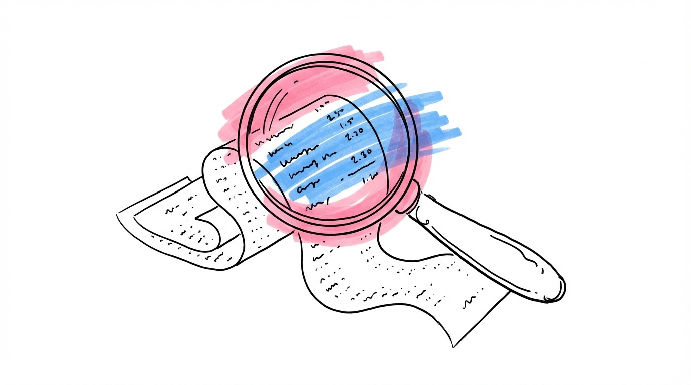 Förstoringsglas som granskar små poster på ett kvitto