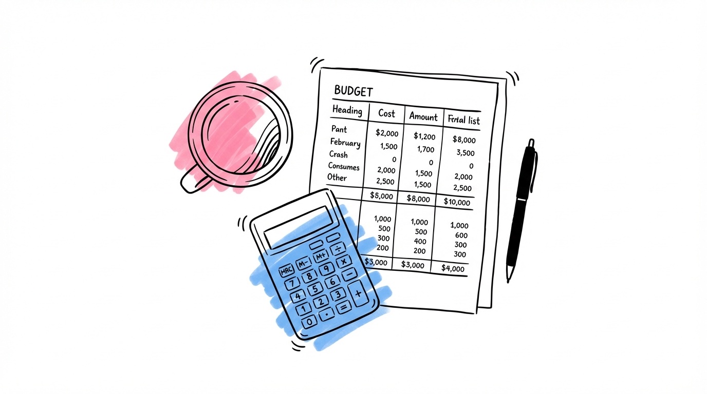 Ovanifrån av skrivbord med budgetkalkyl, miniräknare och kaffe