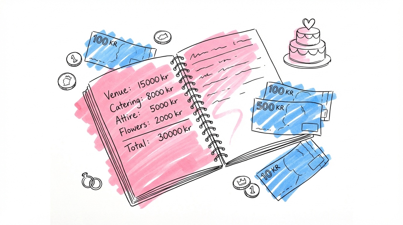 Par som planerar sin bröllopsbudget på 200 000 kr vid ett bord med laptop och anteckningar