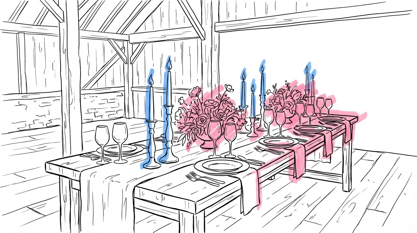 Vackert dukat långbord i en ladlokal med levande ljus och blommor