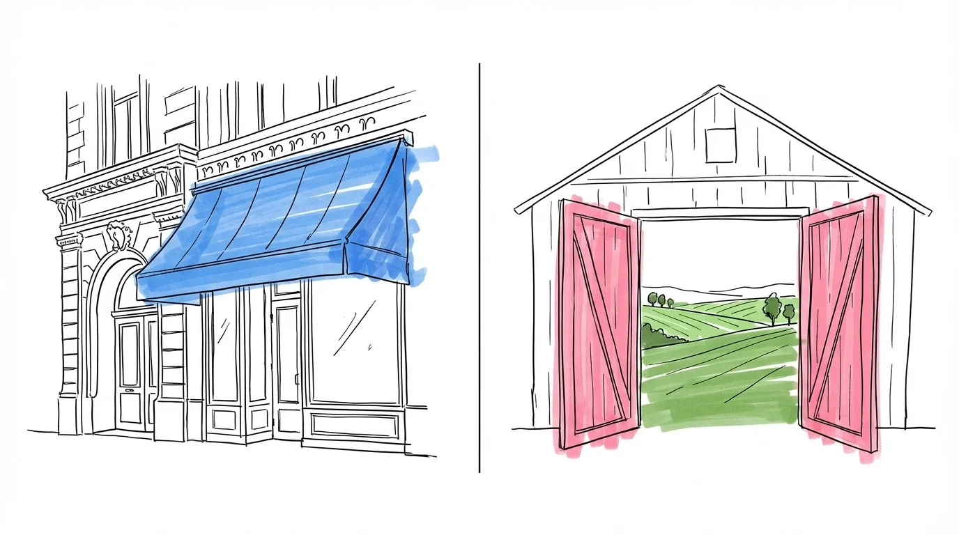 Delad scen — stadsrestaurang på ena sidan och lantlig lada på den andra
