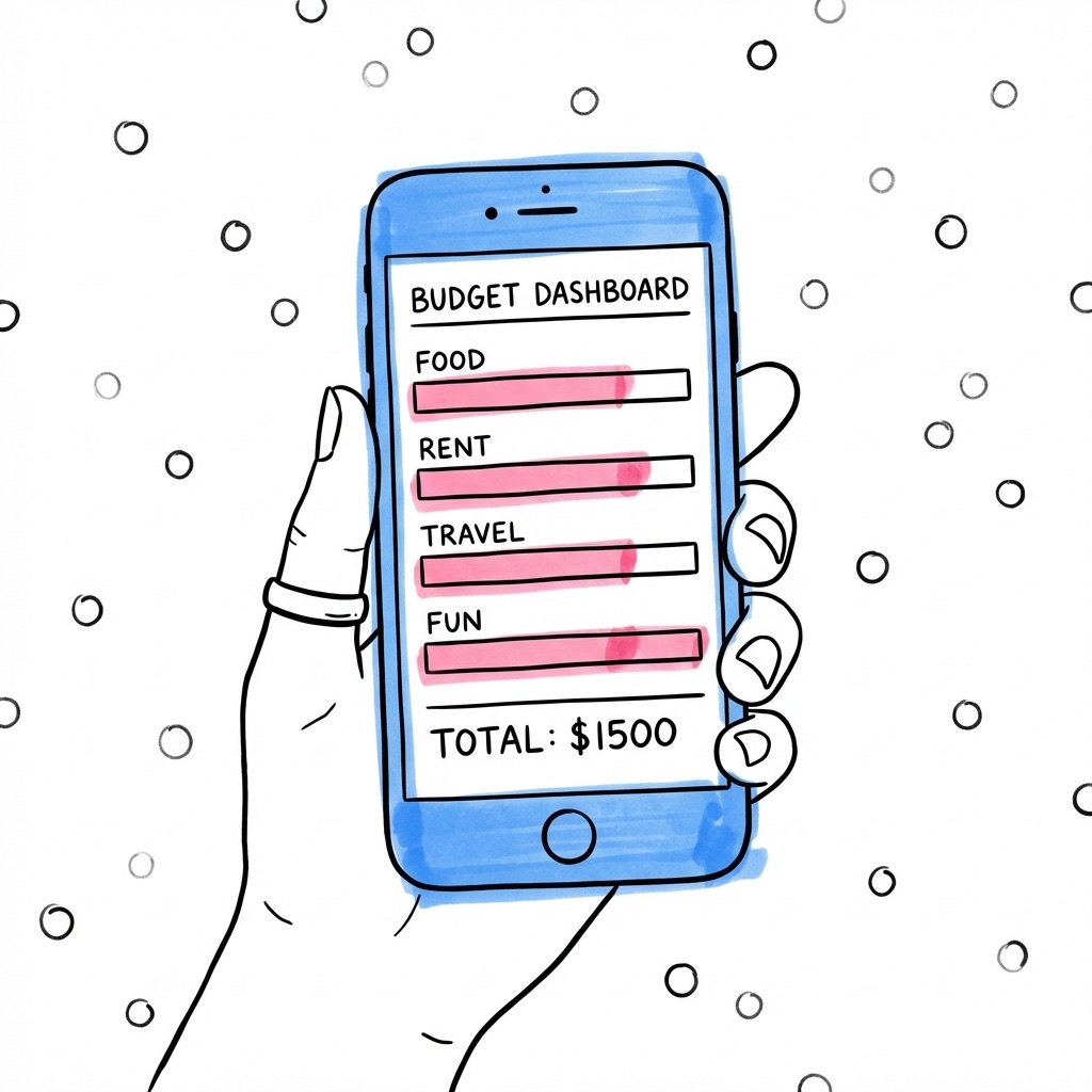En smartphone som visar en budgetöversikt med framstegsindikatorer för olika kategorier och ett totalbelopp längst ned, en vigselring synlig på fingret och mjukt konfetti i bakgrunden i Lovios illustrationsstil