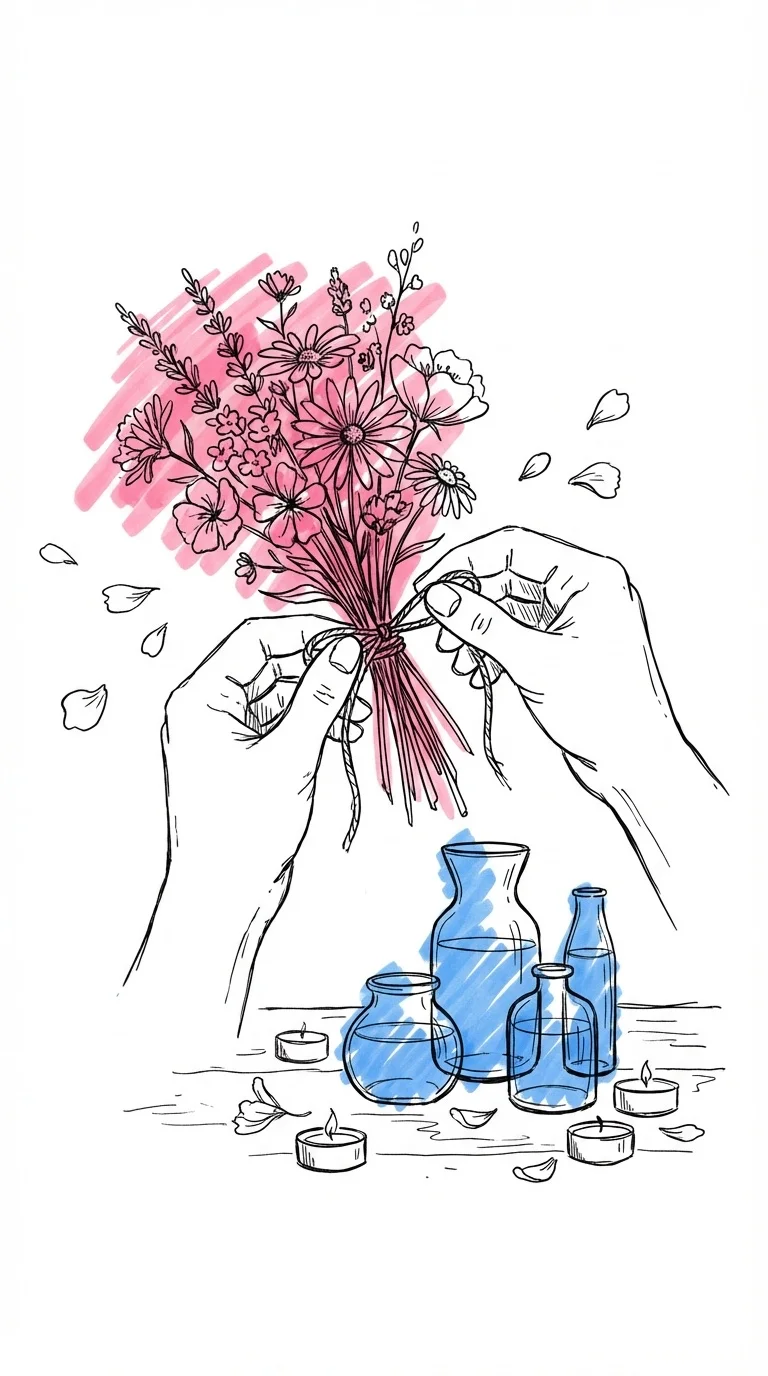 Närbild av händer som binder vildblommor med snöre till en liten bukett, med glasvaser, värmeljus och utspridda kronblad på en träarbetsyta i Lovios illustrationsstil