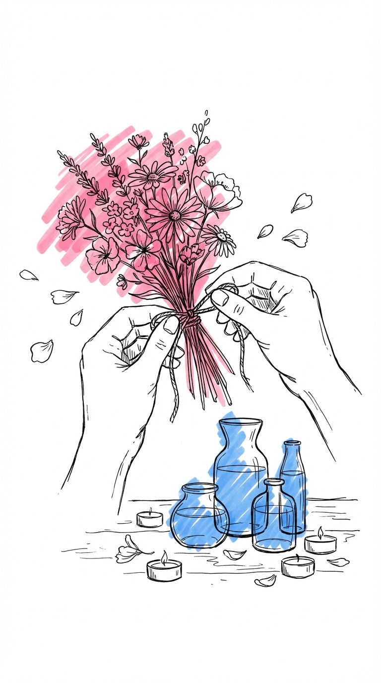 Närbild av händer som binder vildblommor med snöre till en liten bukett, med glasvaser, värmeljus och utspridda kronblad på en träarbetsyta i Lovios illustrationsstil