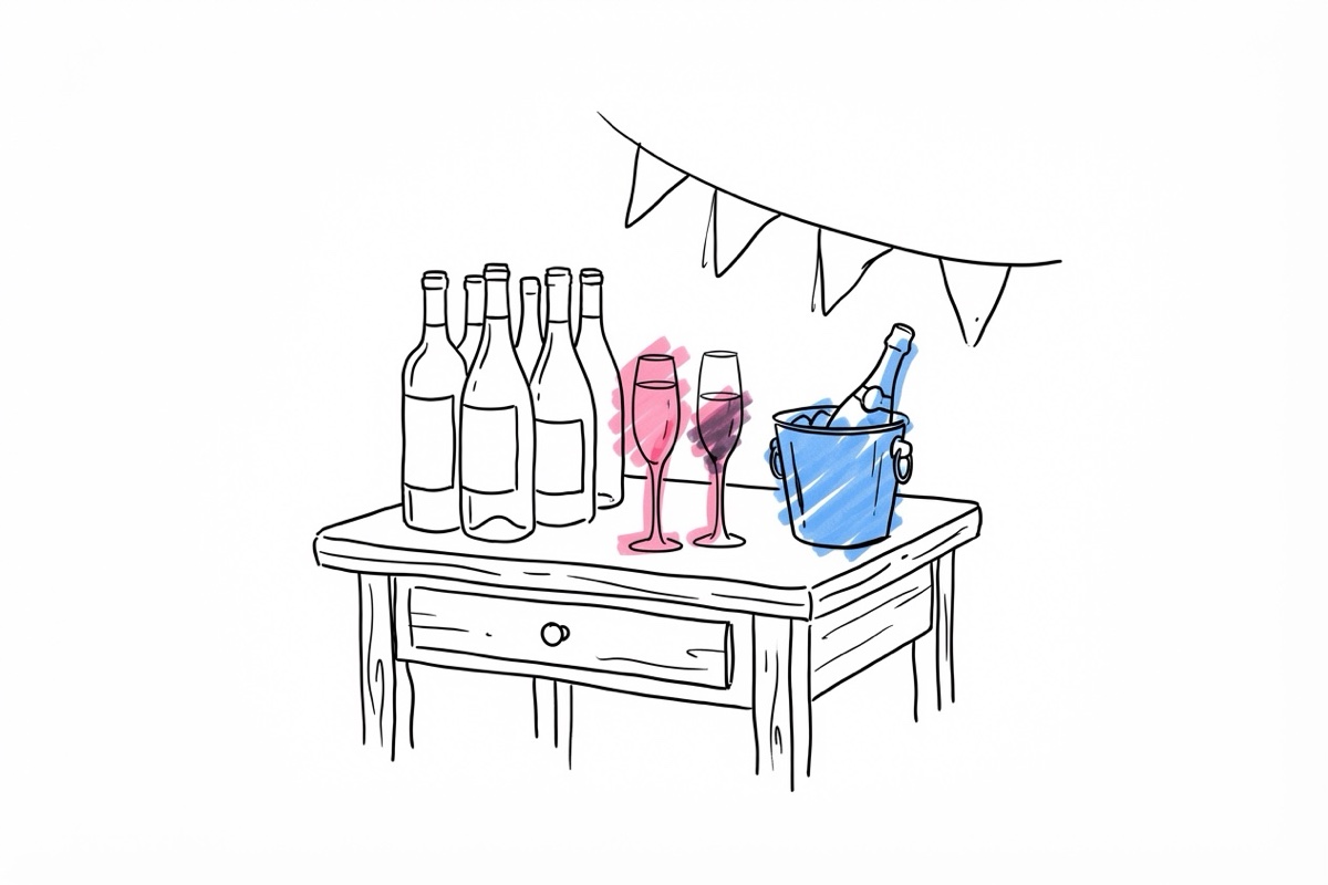 Ett rustikt sidobord med uppradade vinflaskor, champagneglas och en liten ishink mot bakgrund av ett enkelt dekorerat festrum i Lovios illustrationsstil