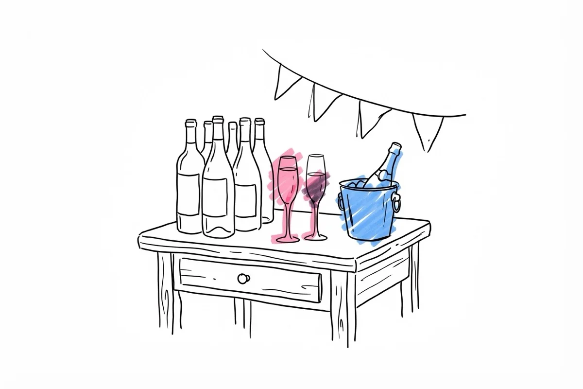 Ett rustikt sidobord med uppradade vinflaskor, champagneglas och en liten ishink mot bakgrund av ett enkelt dekorerat festrum i Lovios illustrationsstil
