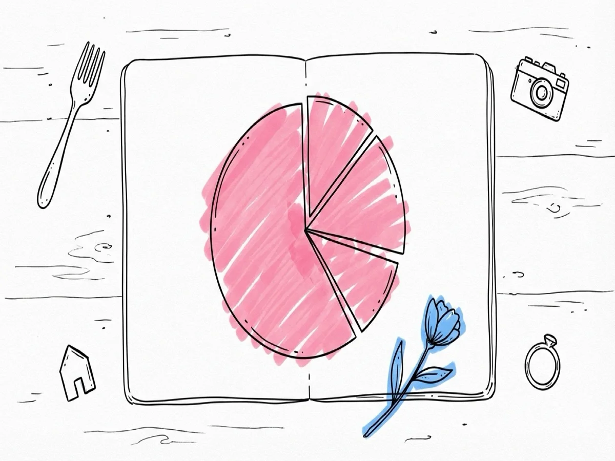 Fågelperspektiv av en anteckningsbok med ett handtecknat cirkeldiagram omgivet av små objekt — en gaffel, en kamera, en blomma, en ring och ett litet hus på ett köksbord i Lovios illustrationsstil