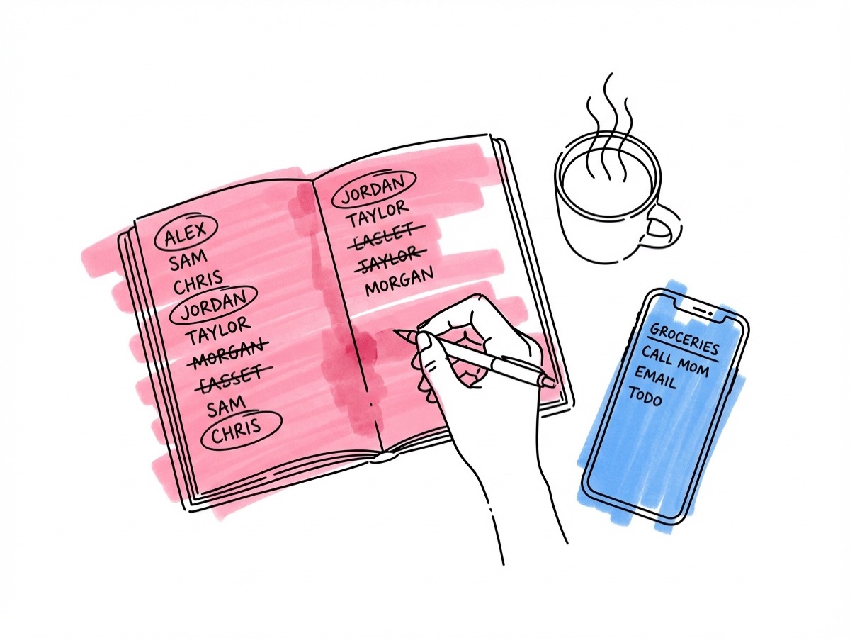 En hand som håller en penna över en anteckningsbok med två kolumner av namn, en telefon bredvid som visar en gästhanteringsskärm och en kopp te i Lovios illustrationsstil