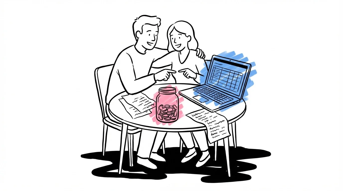 Par lutade över ett köksbord med handskrivna listor, en burk med mynt och en laptop öppen på ett kalkylblad i Lovios rosa och blå stil