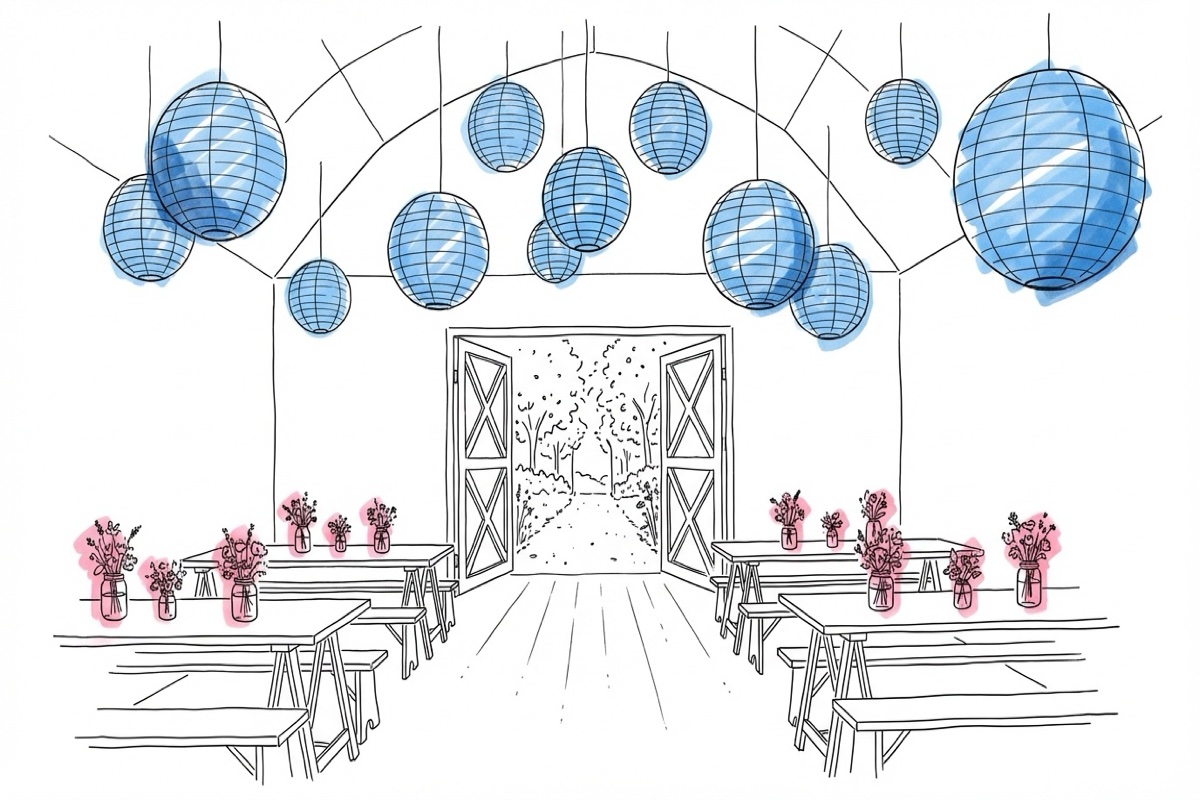 En charmig svensk bygdegård dekorerad för bröllop med papperslyktan i taket, vildblommor på enkla träbord och öppna dubbeldörrar mot en solbelyst trädgård i Lovios illustrationsstil