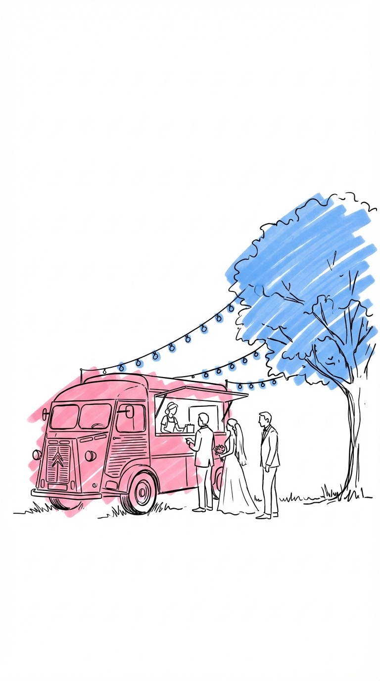En färgglad food truck parkerad på gräs med serveringsluckan öppen, en kort kö av glada bröllopsgäster i sommarkläder och ljusslingor dragna från trucken till ett närliggande träd i Lovios illustrationsstil