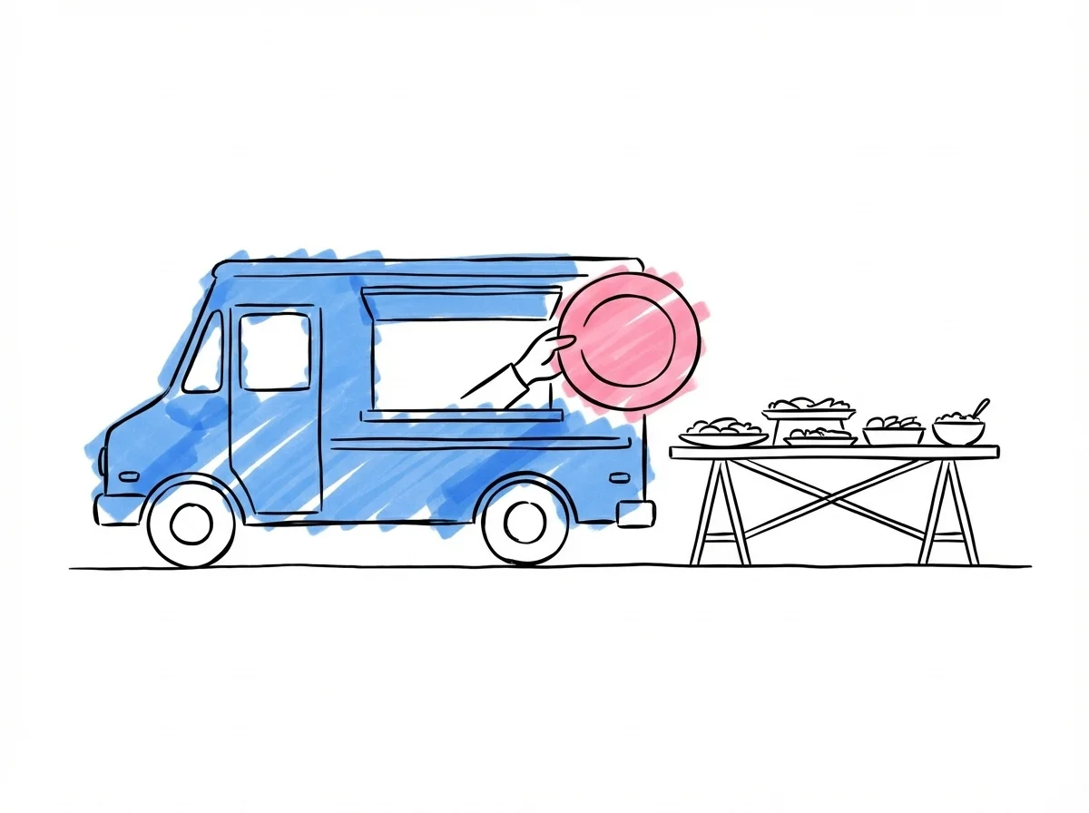 Food truck bredvid uppdukat cateringbord