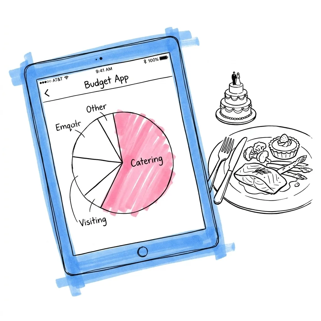 Laptop med budgetapp som visar cirkeldiagram där största segmentet representerar catering, bredvid en tallrik med mat och en liten bröllopstårta