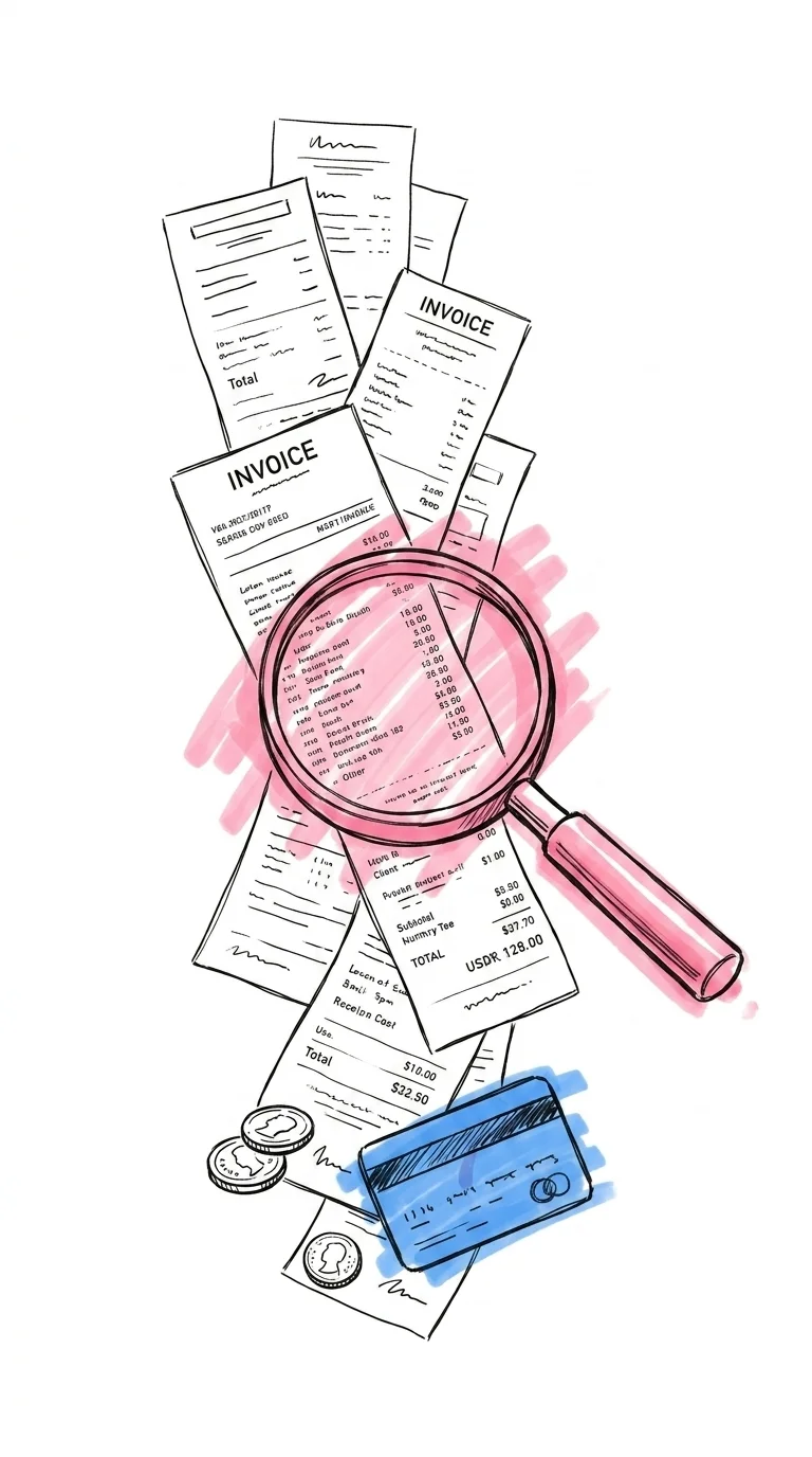 Hög trave med kvitton och fakturor, ett förstoringsglas över mitten avslöjar finskriven text, mynt och kreditkort nedtill