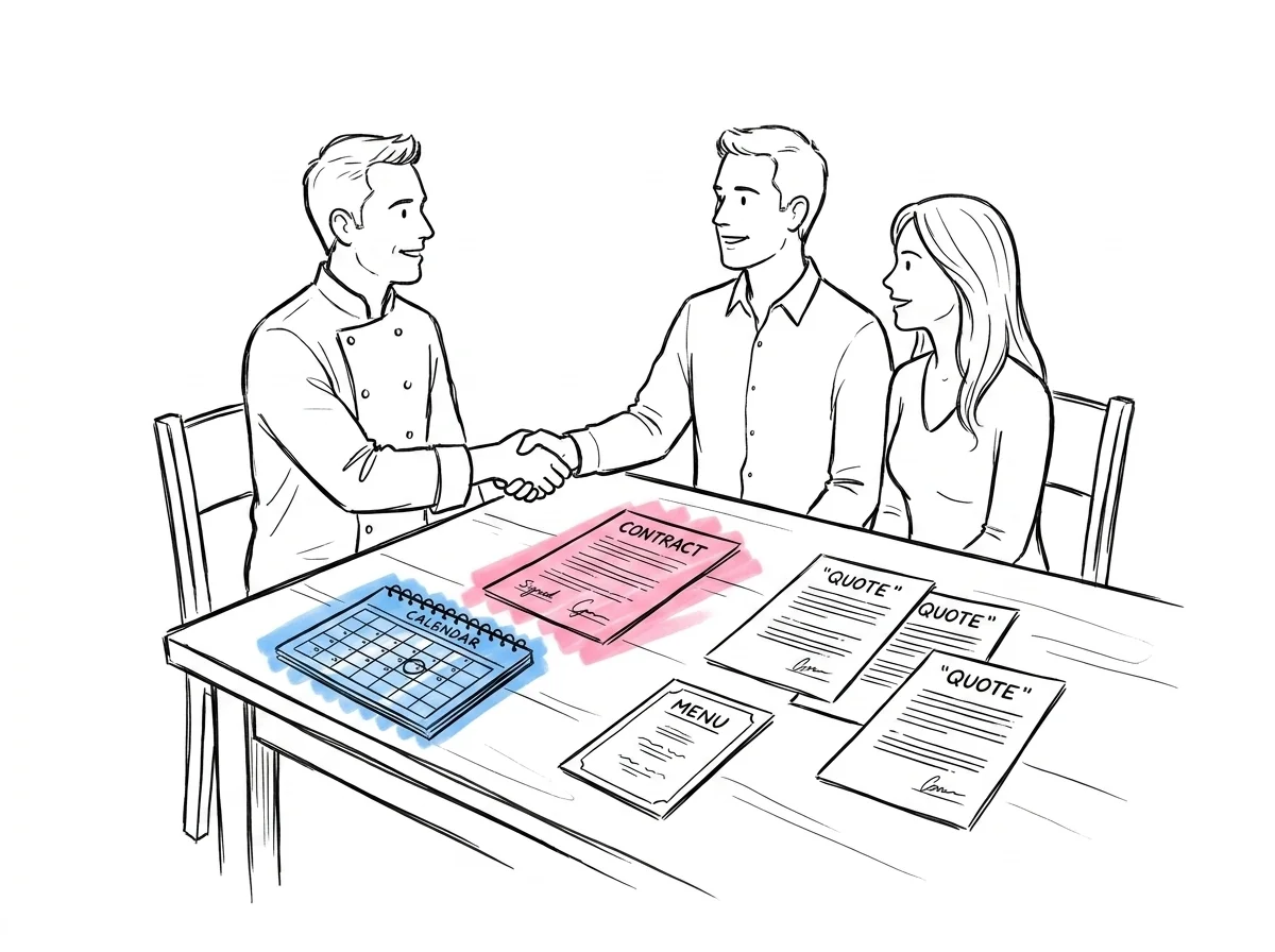Två personer skakar hand med en kock över ett signerat kontrakt, tre offerter ligger på bordet bredvid en kalender och ett menykort