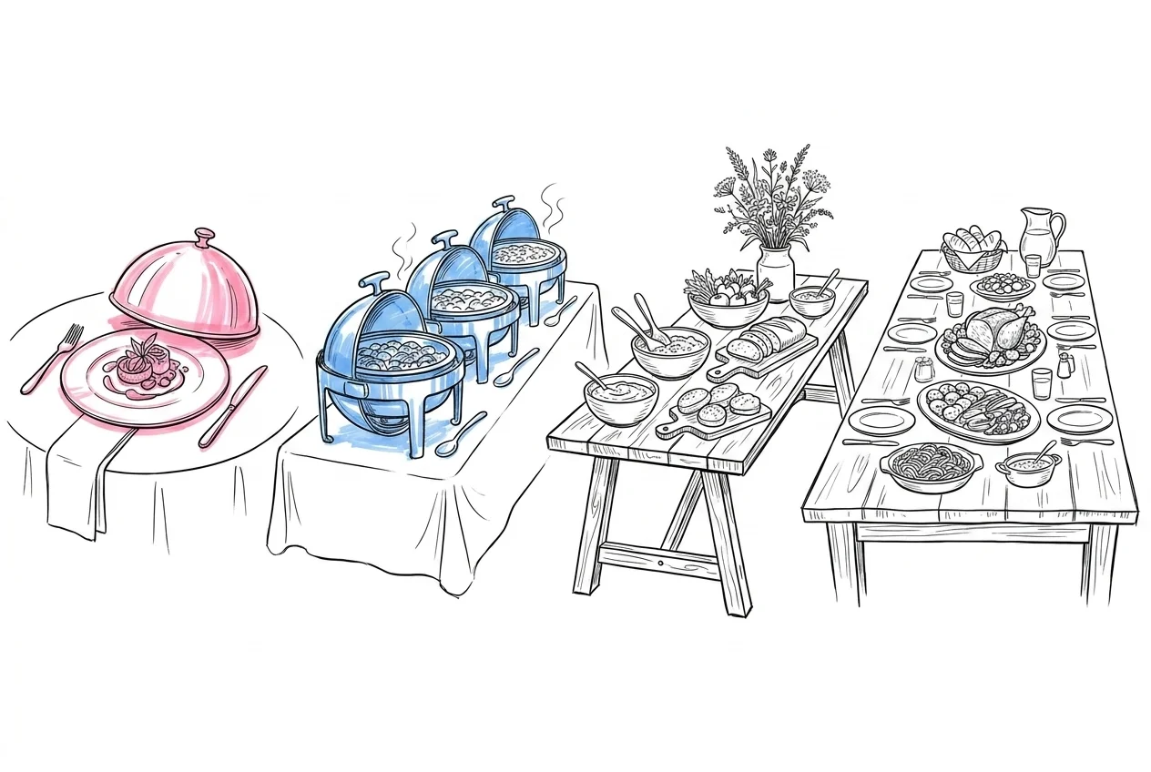 Fyra serveringsuppställningar sida vid sida: upplagd tallrik, buffédisk med varmhållningsfat, rustik food station med skålar och familje-style bord med stora fat