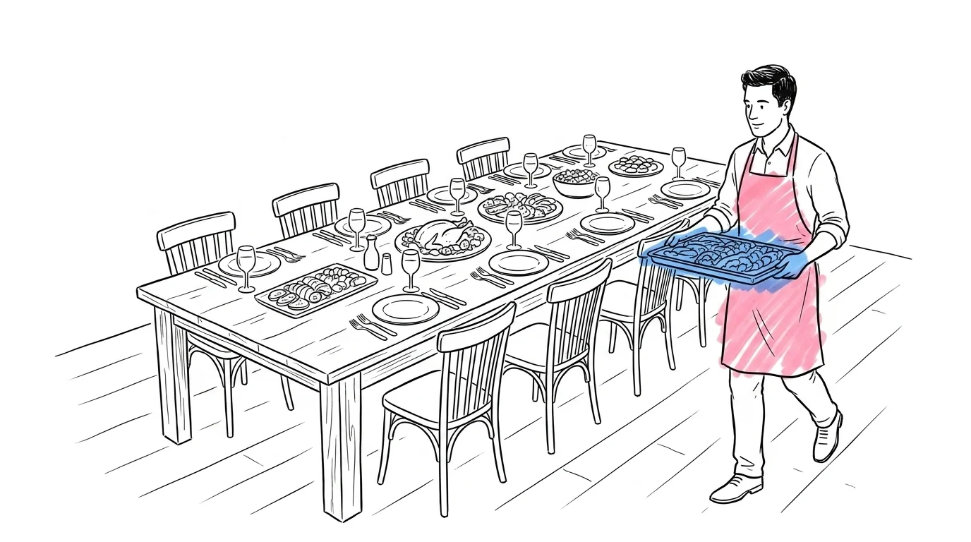 Långbord dukat för bröllopsmiddag med fat och tallrikar, en caterer i förkläde bär en bricka med mat mot bordet