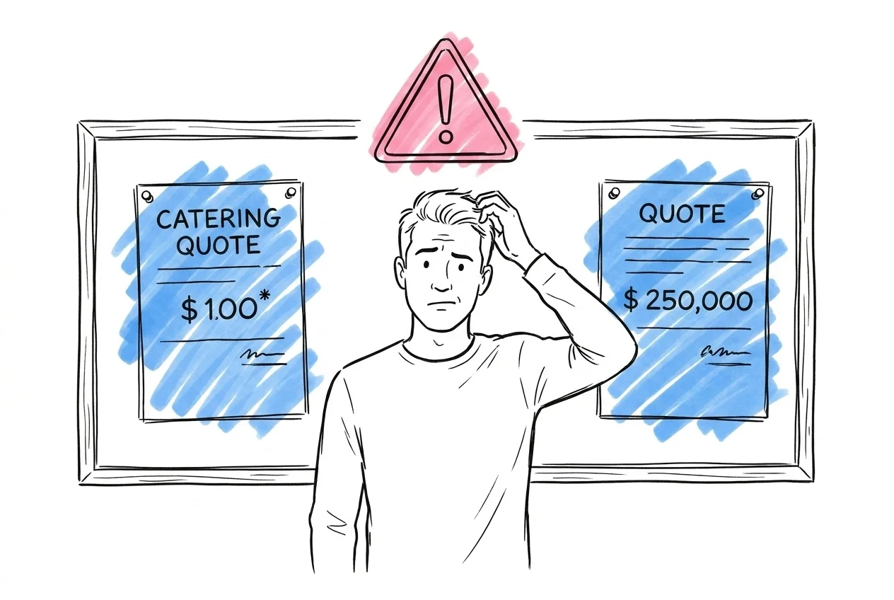 Förvirrad person står mellan två offerter på en tavla, den ena visar lågt pris med liten asterisk, den andra visar högre pris med allt inkluderat