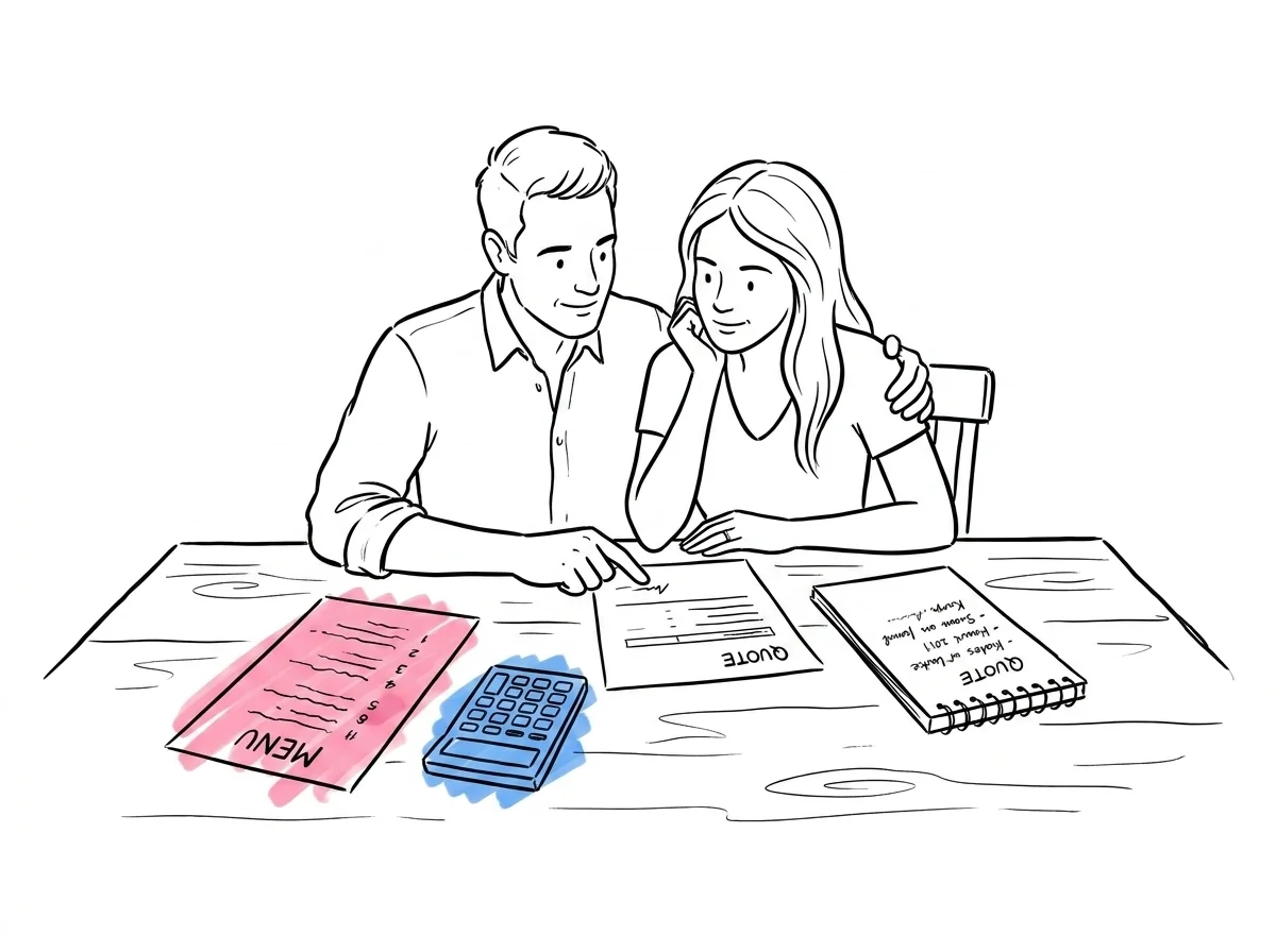 Par sitter vid skrivbord och granskar en offert, kalkylator och anteckningsblock på bordet