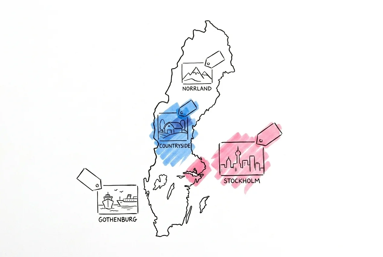 Förenklad karta över Sverige med fyra regioner markerade och prislappar, stadssiluett för Stockholm, hamn för Göteborg, bondgård för landsbygd, berg för Norrland