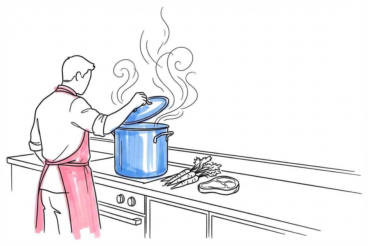 Professionellt storkök med kock i arbete