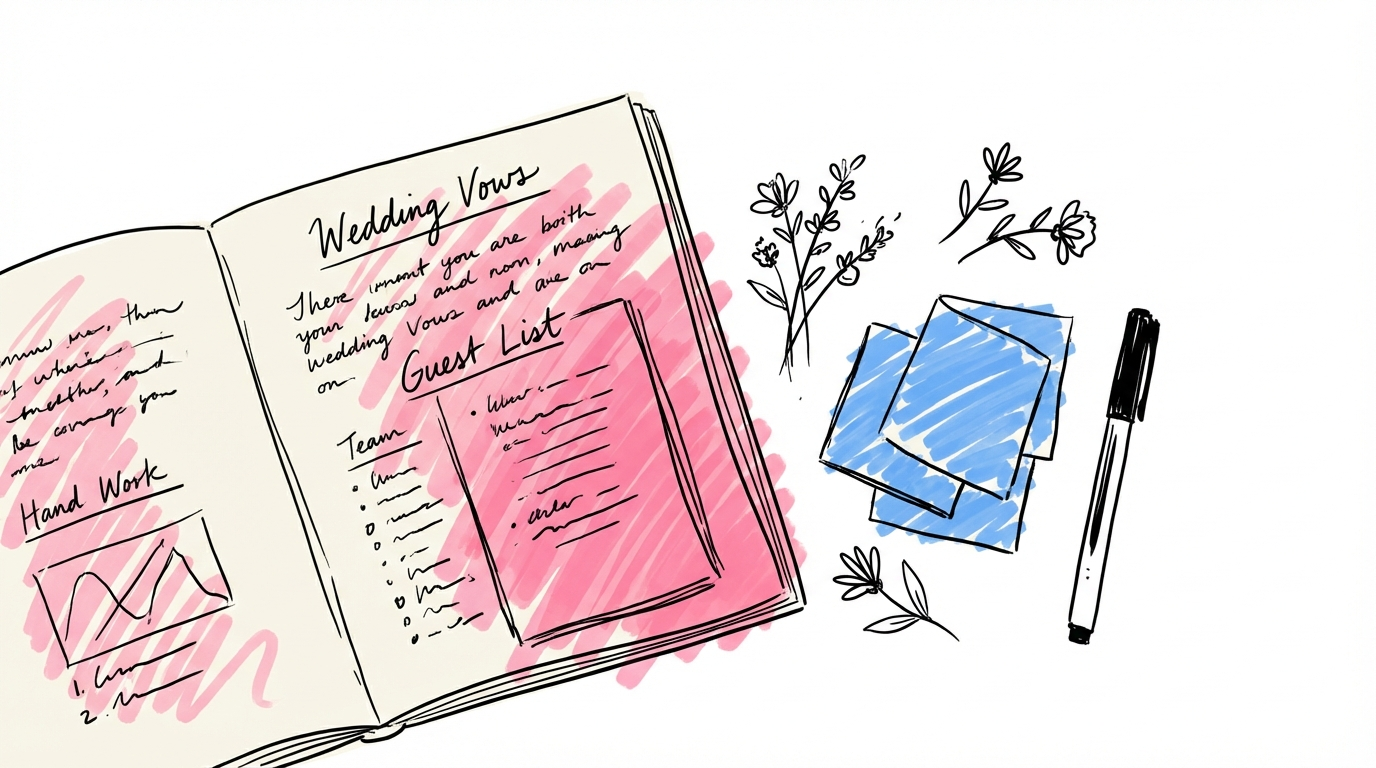 Bröllopsplanering — anteckningsbok, blommor och inspirationsmaterial