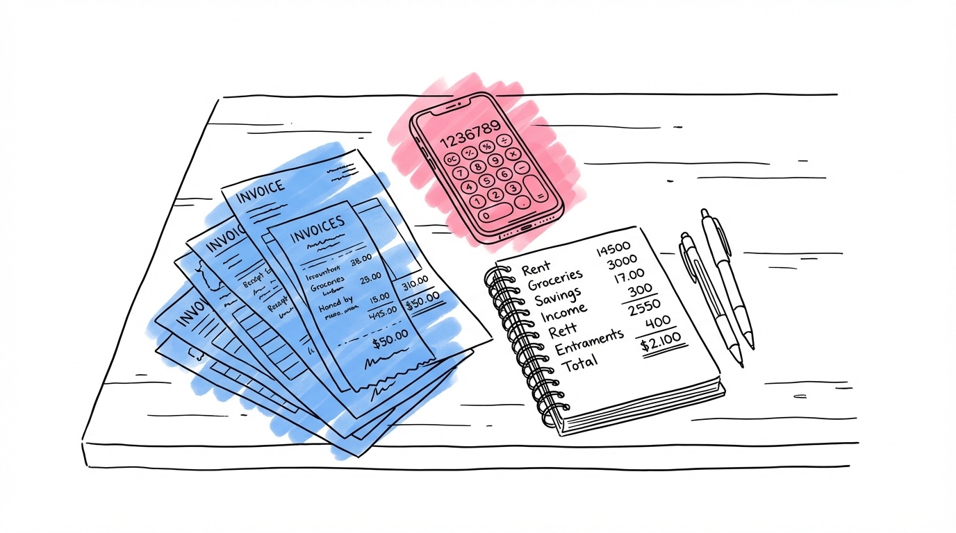 Par som går igenom fakturor och kvitton vid ett bord med kalkylator och anteckningsblock