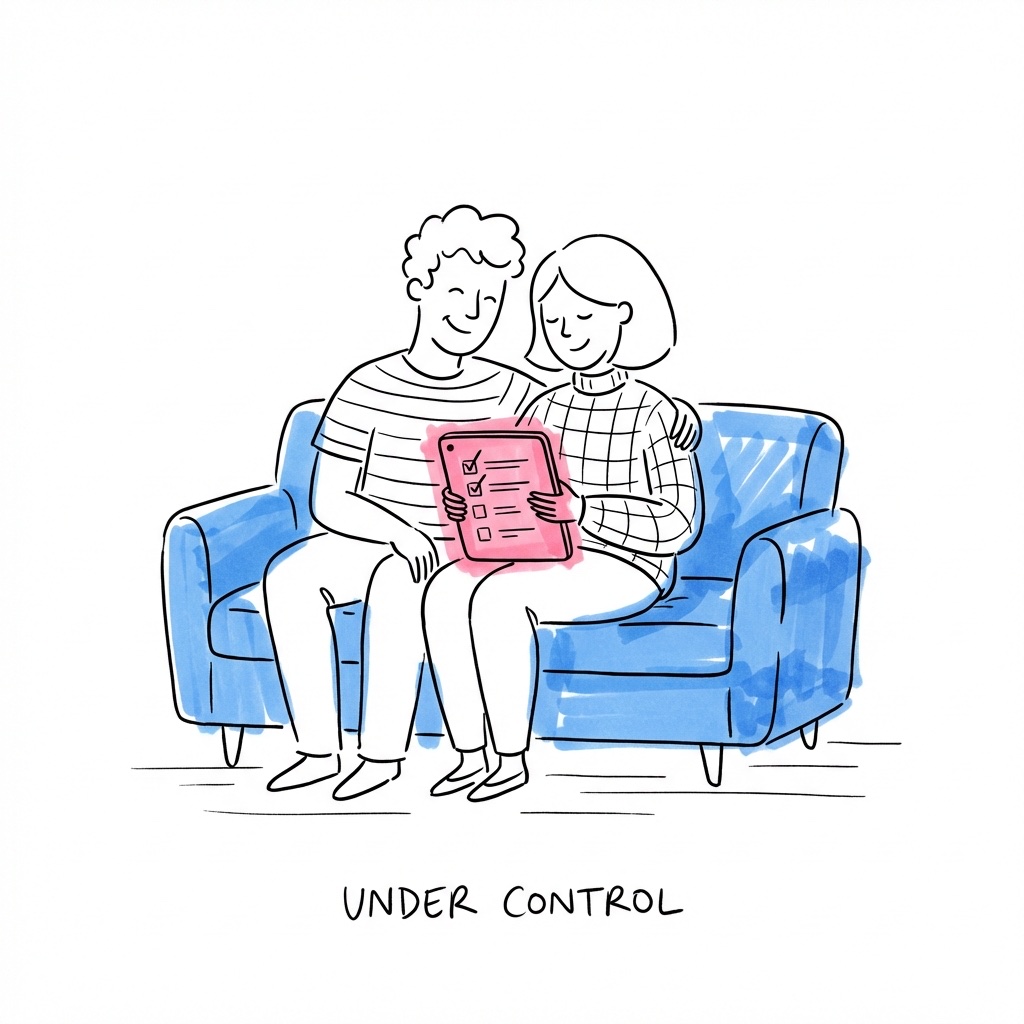 Avslappnat par i soffa med telefon som visar en ibockad checklista