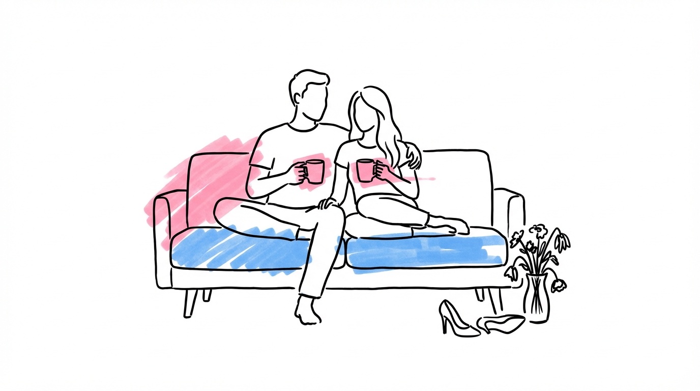 Par som sitter avslappnat i soffa morgonen efter bröllopet med kaffekoppar och avsparkat finskor