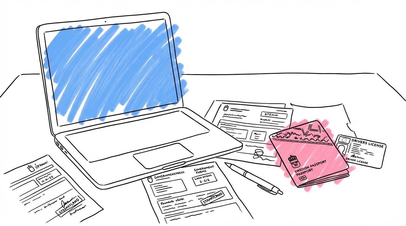 Par vid köksbord med dokument, laptop med formulär, pass och ID-kort utlagda
