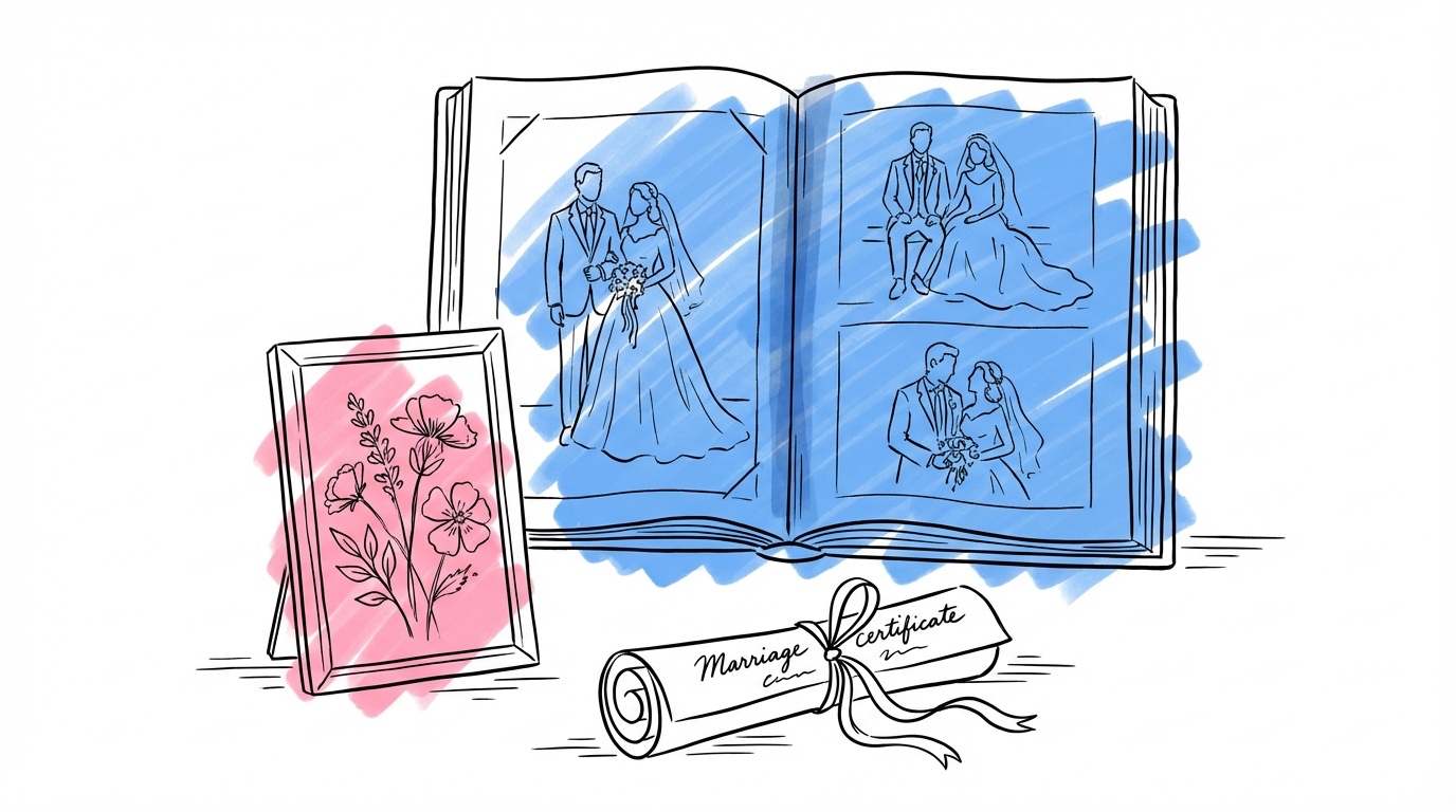 Uppslaget bröllopsfotoalbum på bord med pressade blommor och inramat vigselbevis