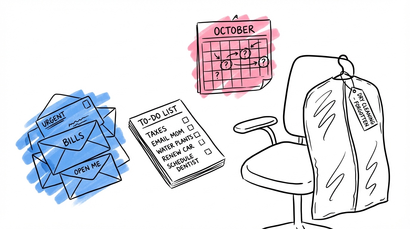 Stökigt skrivbord med oöppnade kuvert, översvämmad att-göra-lista och glömd brudklänning i klädpåse