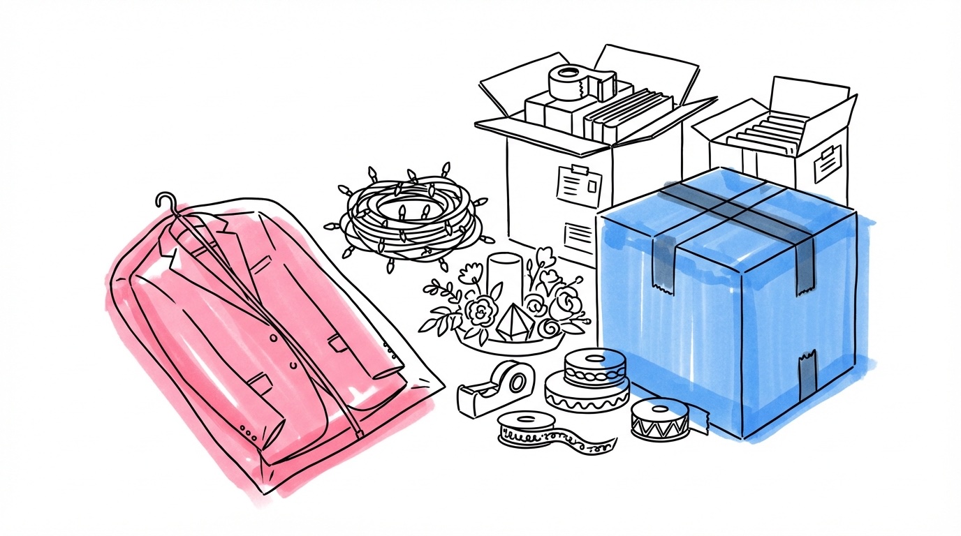 Bröllopsutrustning som packas i lådor — vikt kostym, dekorationer, ljusslingor och bordsdetaljer