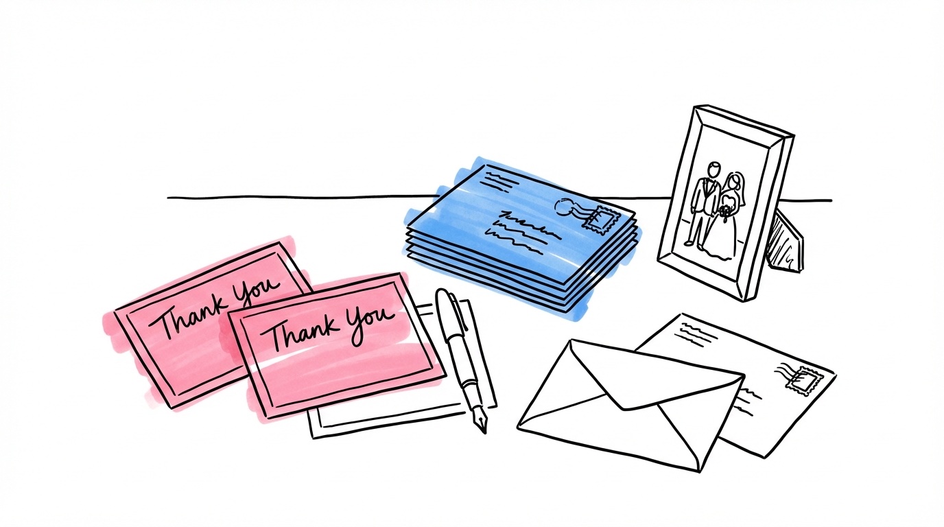 Skrivbord med handskrivna tackkort, kuvert, penna och ett bröllopsfoto som referens