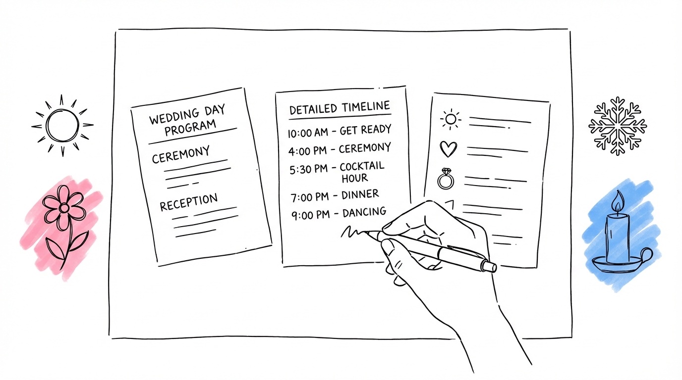 Planeringsdesk med flera varianter av dagsprogram — ett kortare, ett längre, ett med vinterelement och ett med sommarelement