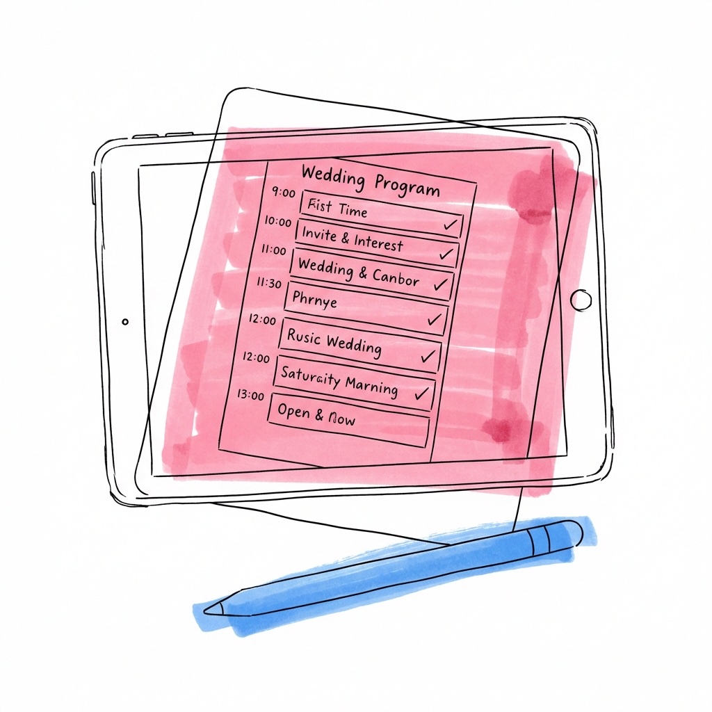 Surfplatta som visar ett organiserat dagsprogram med färgkodade tidsblock och ett par som håller enheten tillsammans