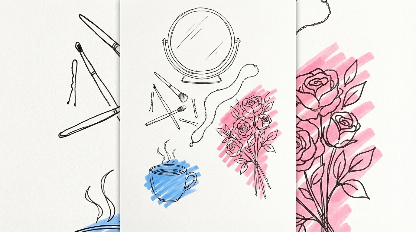 Sminkbord ovanifrån med spegel, makeupborstar, brudbukett, kaffekopp, hårnålar och halsband — lugn morgonstämning