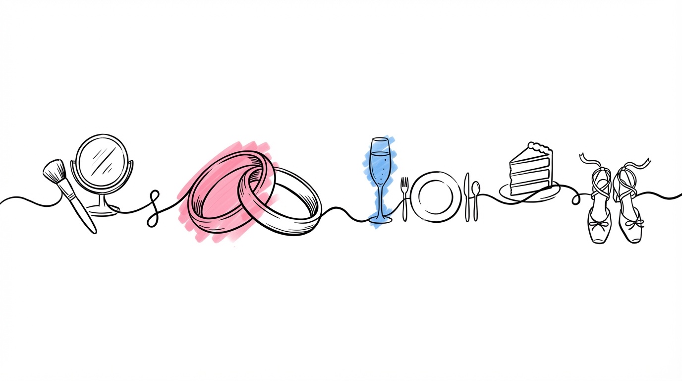 Panoramisk tidslinje som visar en bröllopsdag från morgonförberedelser till midnattsdan med symboliska objekt längs vägen