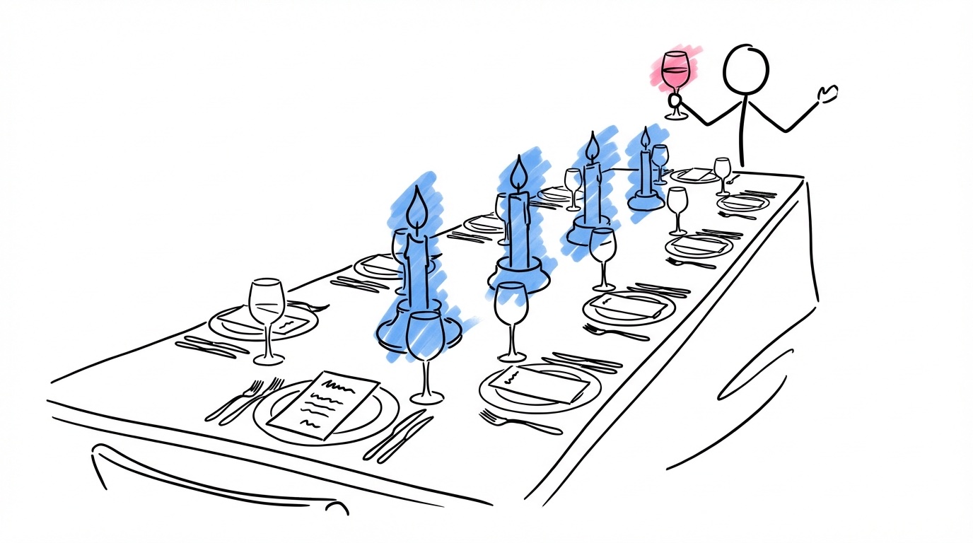 Långbord med dukning, ljus, vinglas och en stående person som håller tal med höjt glas
