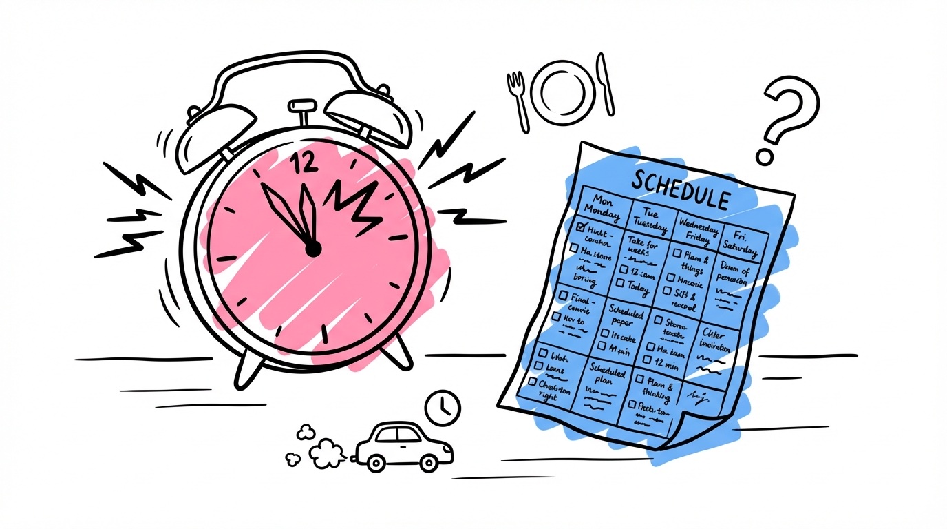 Stressad klocka med tiden som rinner ut, ett fullpackat schema bredvid och små ikoner: bil, tallrik och megafon