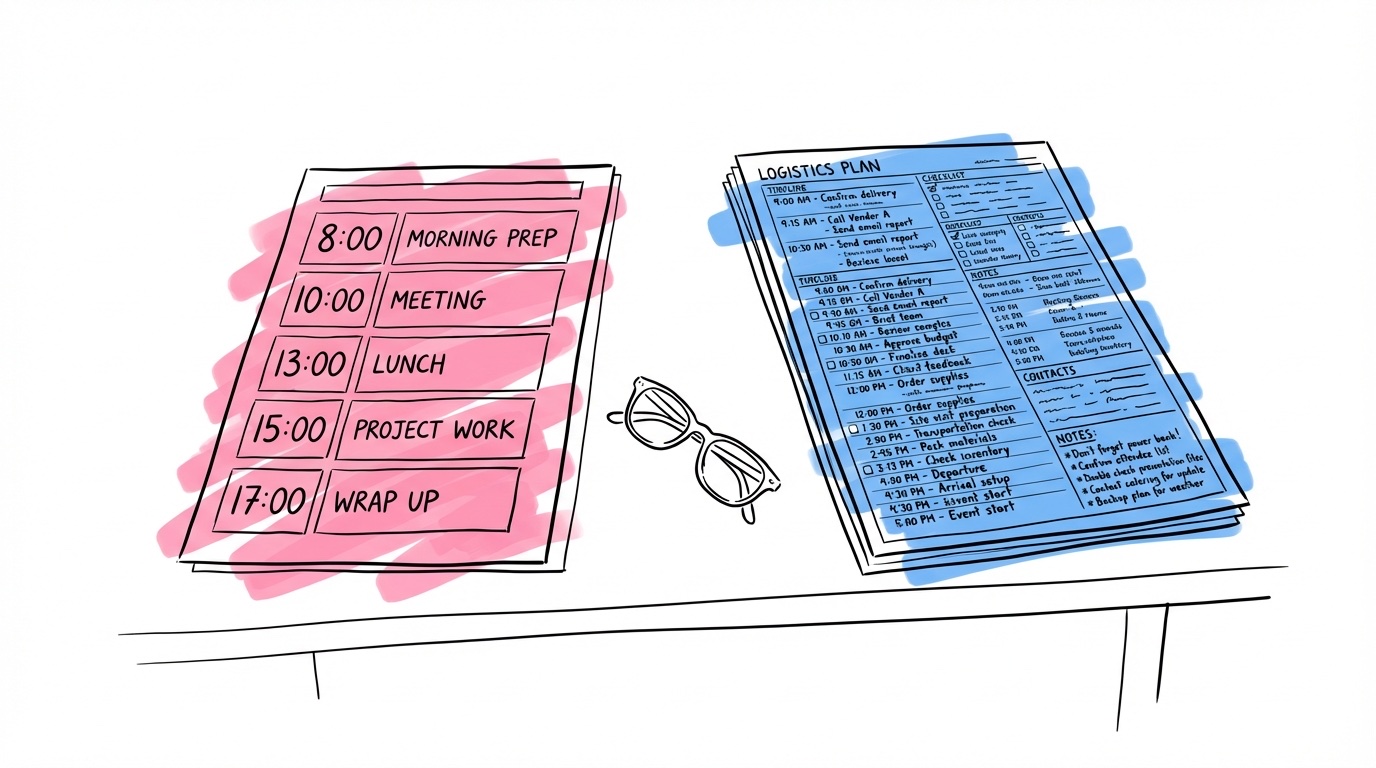 Två dokument sida vid sida — ett enkelt dagsprogram med stora tidsblock och ett detaljerat körschema med minutanvisningar och checkboxar