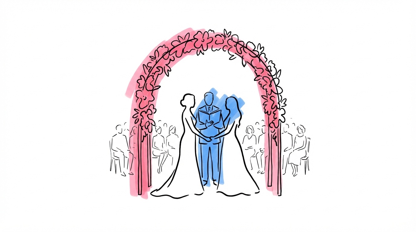 Vigselscen med blomsterbåge, två figurer mot varandra med vigselförrättare emellan och sittande gäster i bakgrunden