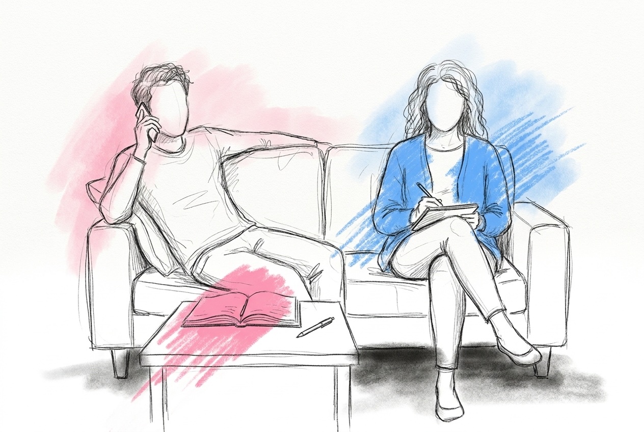 Ett par på en soffa, en med telefonen mot örat och en med anteckningsbok, med en pappersalmanacka uppslagen på bordet, i Lovios rosa och blå illustrationsstil