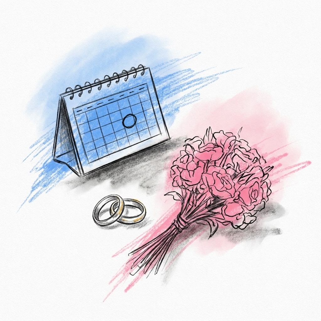 En skrivbordskalender där en dag är ringad, två vigselringar och en liten bukett bredvid, i Lovios rosa och blå illustrationsstil