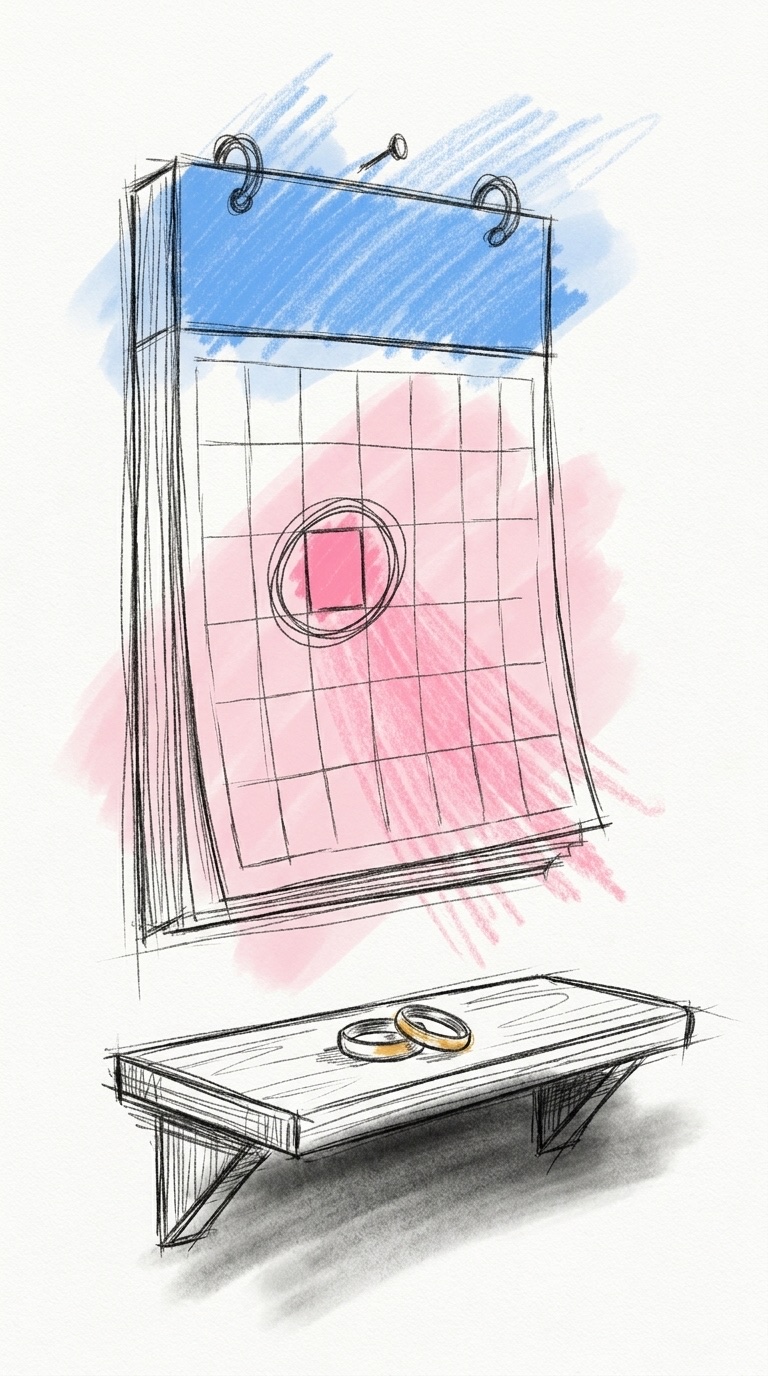 En hög väggkalender där en dag är ringad två gånger och två vigselringar ligger på en liten hylla under, i Lovios rosa och blå illustrationsstil