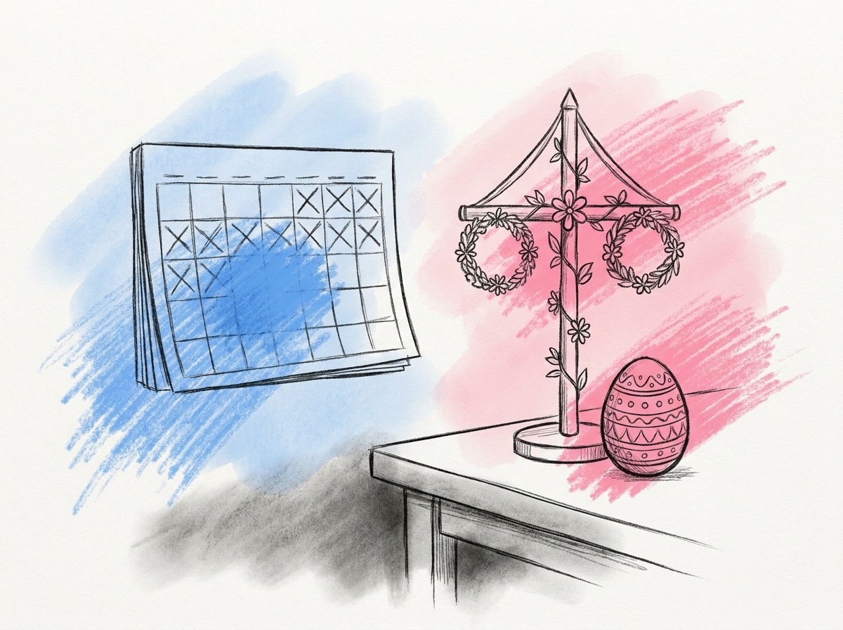 En kalendersida med några dagar markerade med kryss, en liten midsommarstång och ett dekorerat påskägg på bordet, i Lovios rosa och blå illustrationsstil