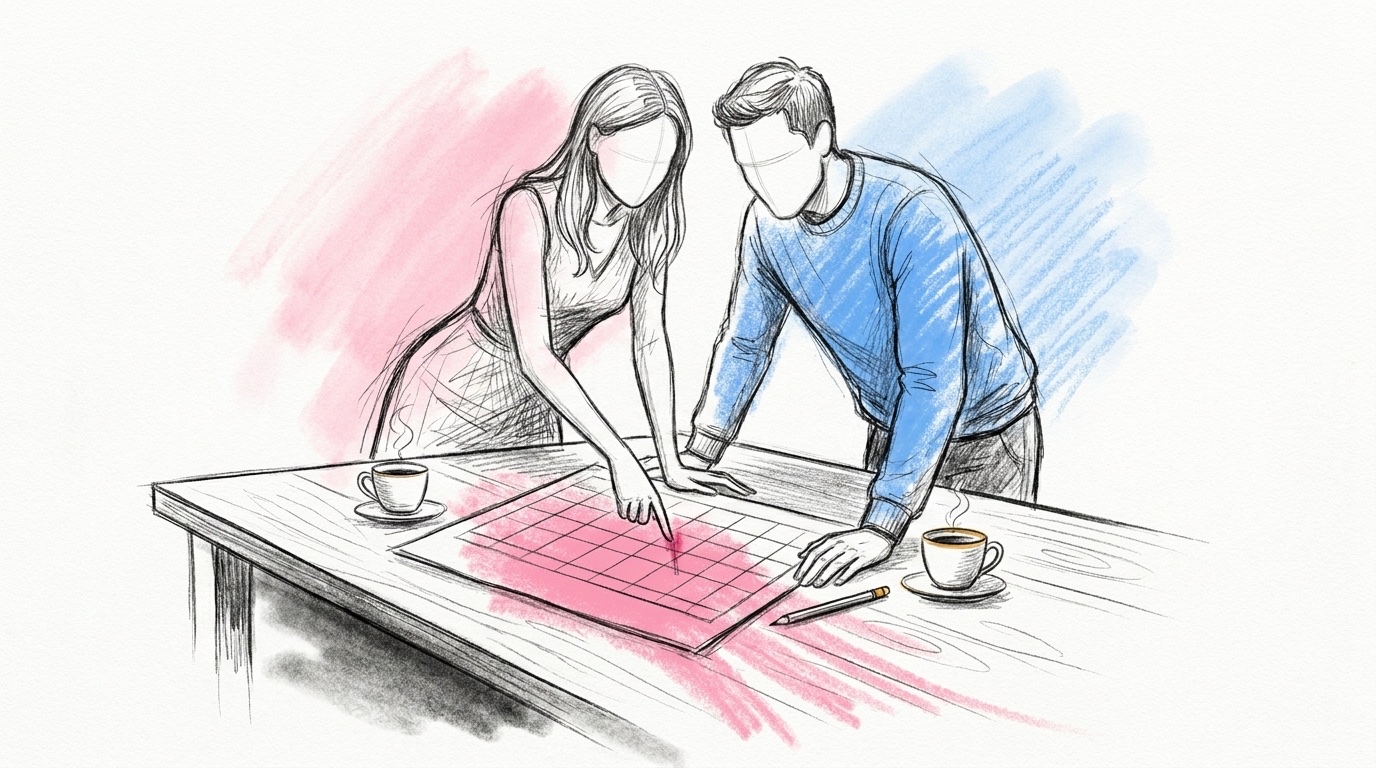 Bröllopsdatum 2027: ett par står lutade över en årskalender på ett köksbord med kaffekoppar och en penna, i Lovios rosa och blå illustrationsstil