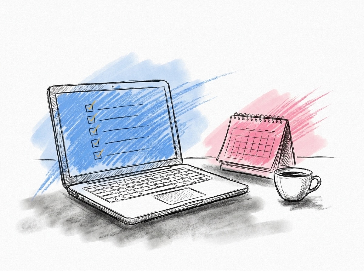 En laptop på ett skrivbord som visar en checklista med bockade rutor, med en liten skrivbordskalender och en kaffekopp bredvid, i Lovios rosa och blå illustrationsstil