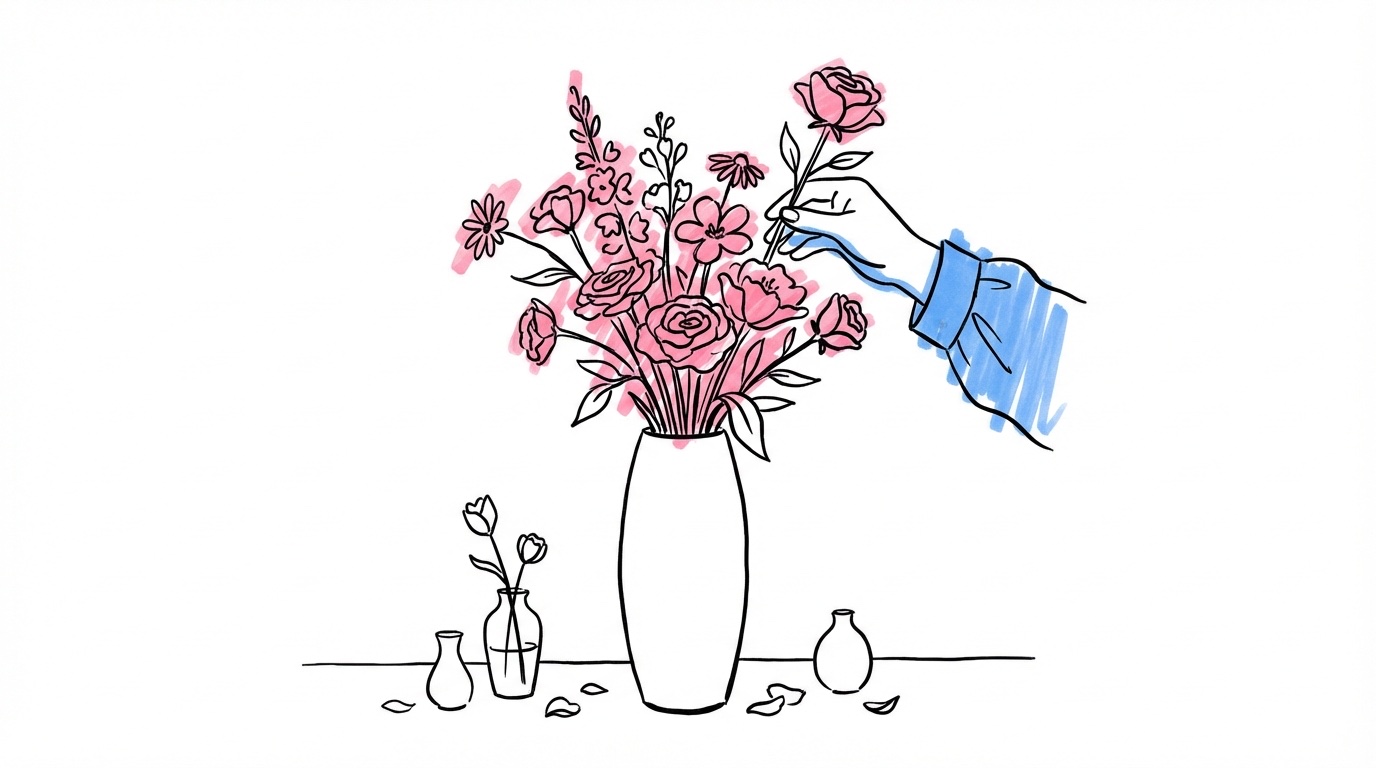 Högt centerpiece-arrangemang med blandade säsongsblommor i en vas — bröllopsblommor dekoration