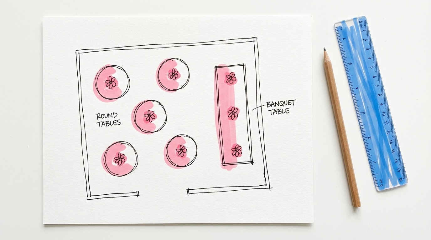 Fågelperspektiv av en planlösning med runda bord och långbord — bordslayout för bröllopsdekorationer